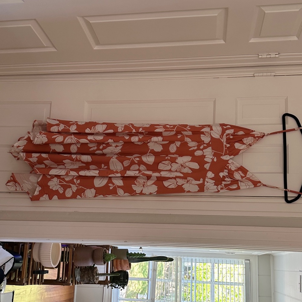 SHEIN Rust Orange Floral Midi Dress with White Blossoms